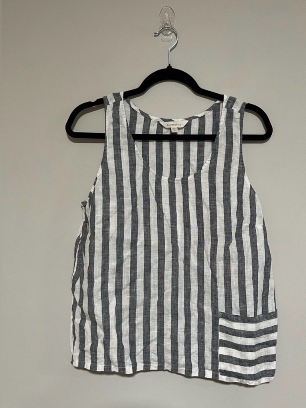 Garnet Hill Vida linen scoop neck striped tank top w/ pocket gray & white M